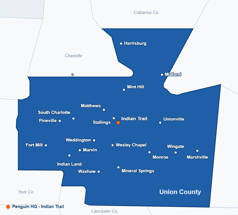 Penguin Air and Plumbing service area Penguin Air and Plumbing service area map: Union County, South Charlotte, Fort Mill, Indian Land, Harrisburg and Midland